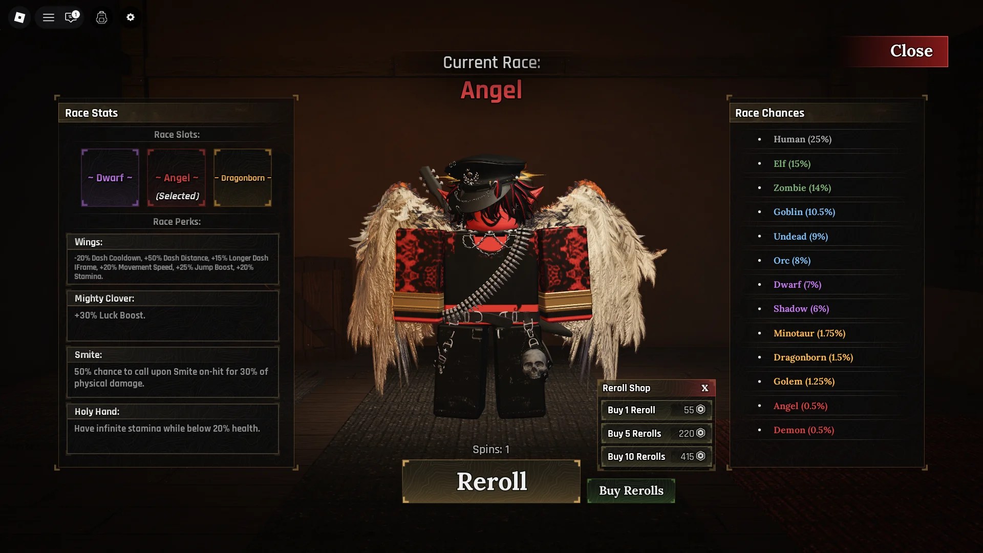 A player showing how to reroll your current race in The Forge Roblox experience.
