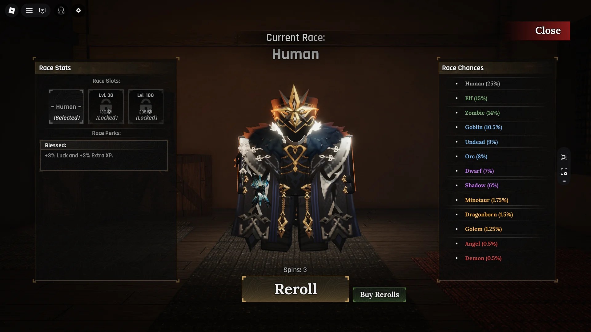 Preview of the race reroll menu in The Forge Roblox experience with locked race slots, which are unlocked at levels 1, 30, and 100.