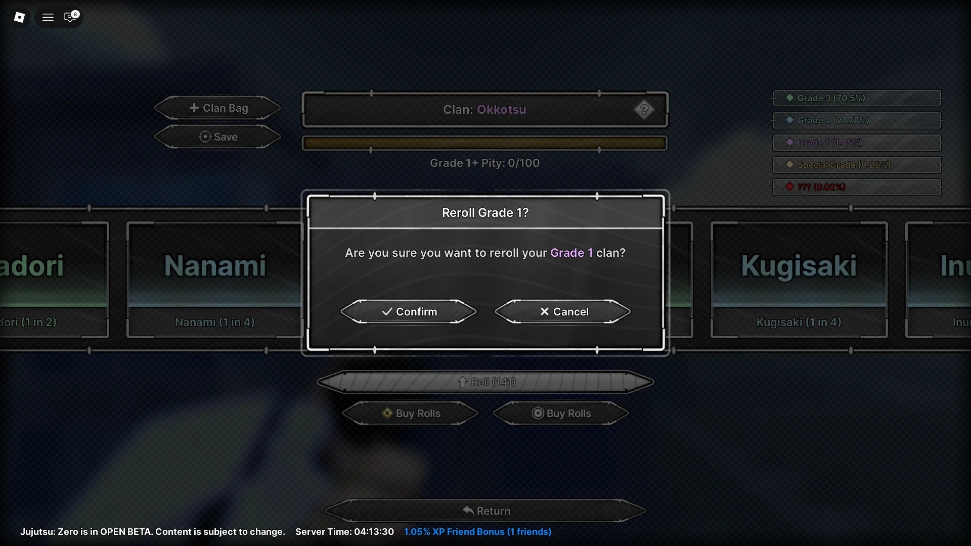 Preview of the safety mechanic in Jujutsu Zero that prevents accidental rerolls.