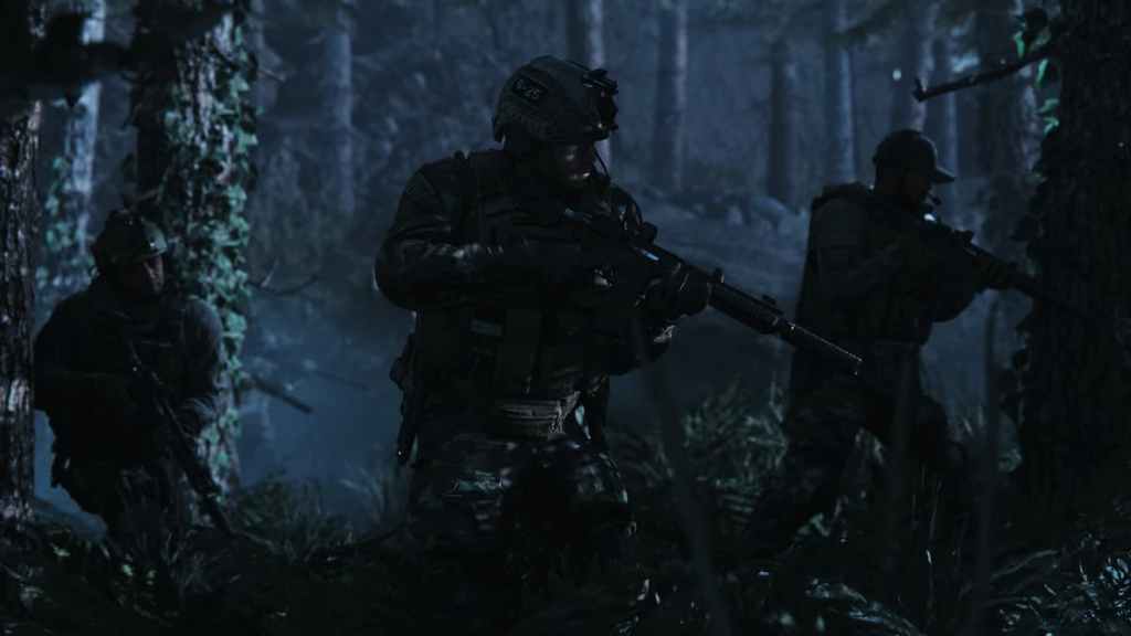 A group of soldiers in a dark forest in CoD Modern Warfare 2019.