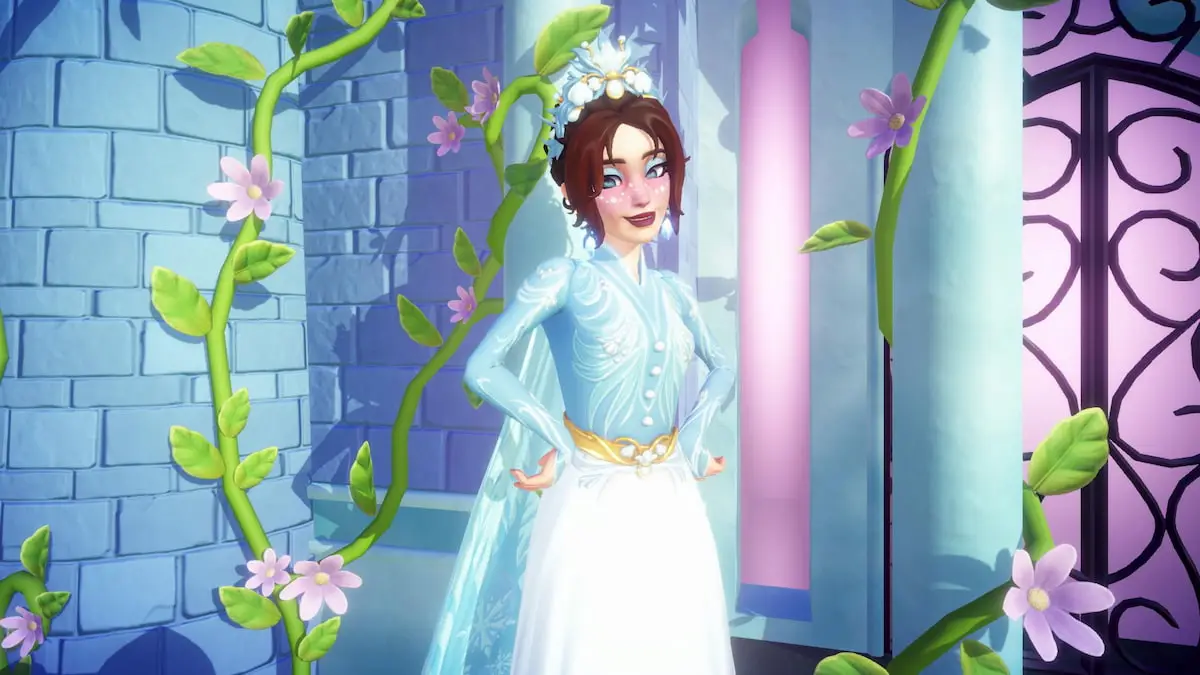 Player posing with hands on hips in front of blue castle in disney dreamlight valley