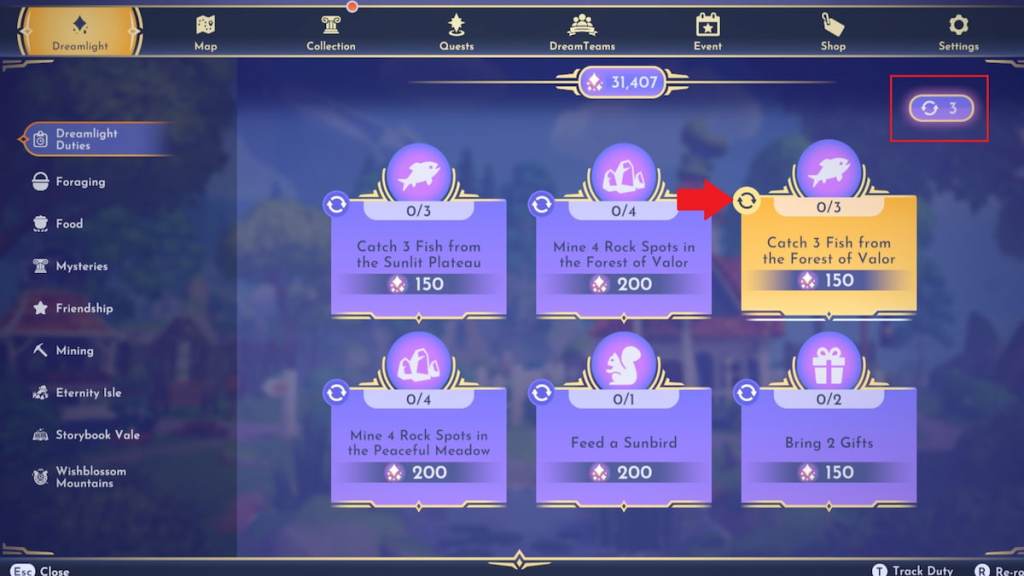Re-roll duties option marked in disney dreamlight valley