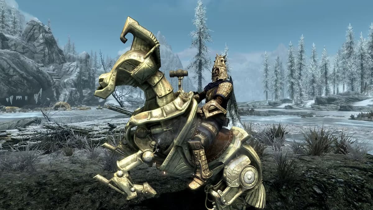 An armored knight in Skyrim on the Nintendo Switch 2.