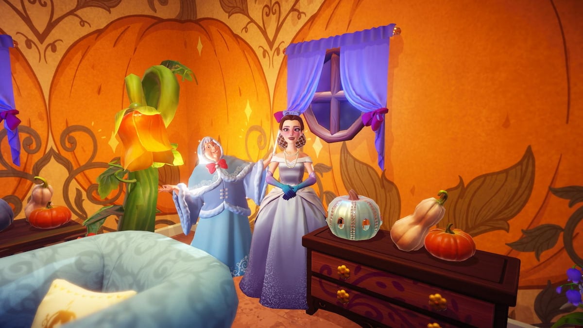 Standing in pumpkin house with fairy godmother in disney dreamlight valley