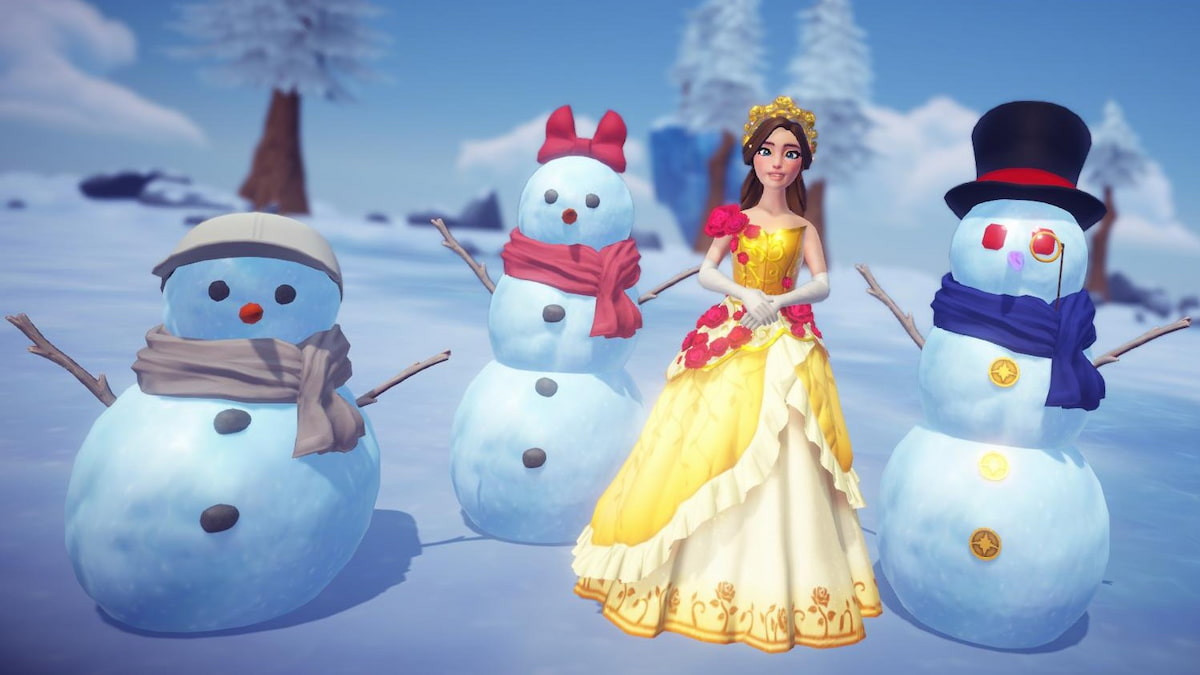 Standing next to three different snowmen in disney dreamlight valley