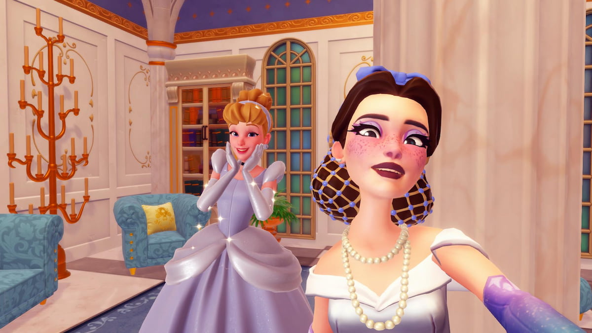 Taking a picture with Cinderella inside a castle in disney dreamlight valley