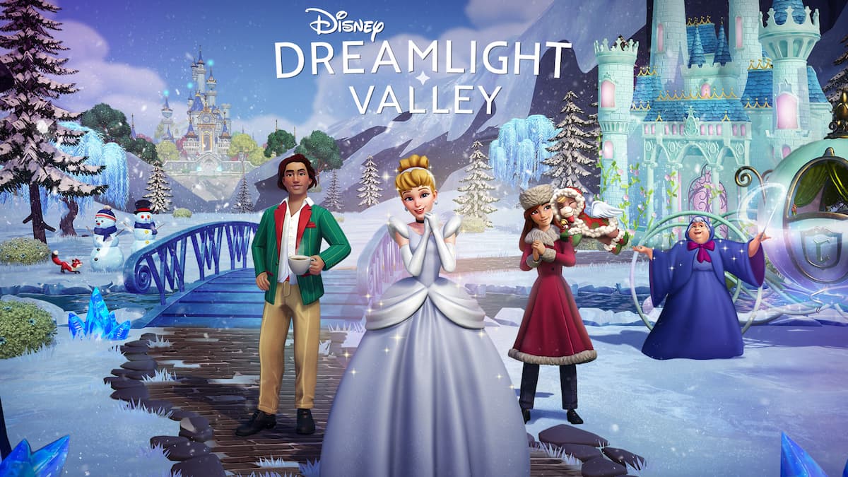 The Winter Ball update art featuring cinderella in a snowy setting in disney dreamlight valley