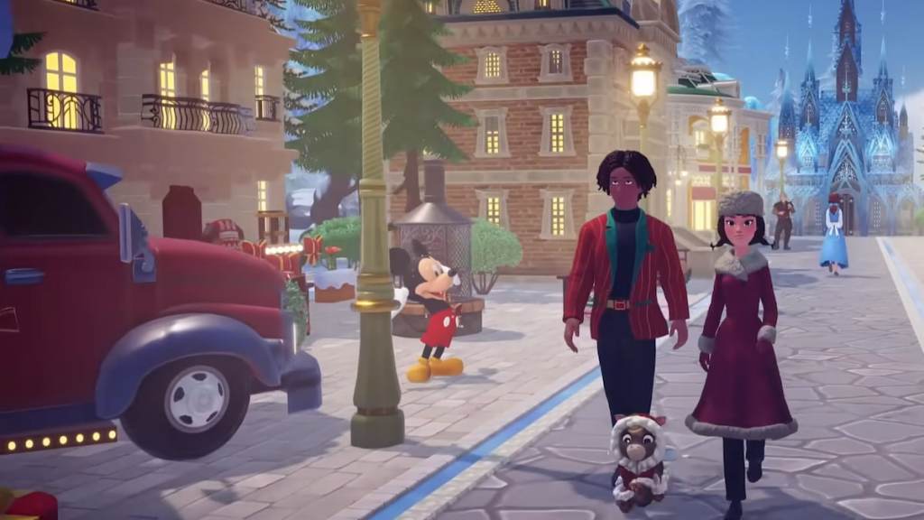 Two characters wearing winter warmth star path items walking down a road in disney dreamlight valley