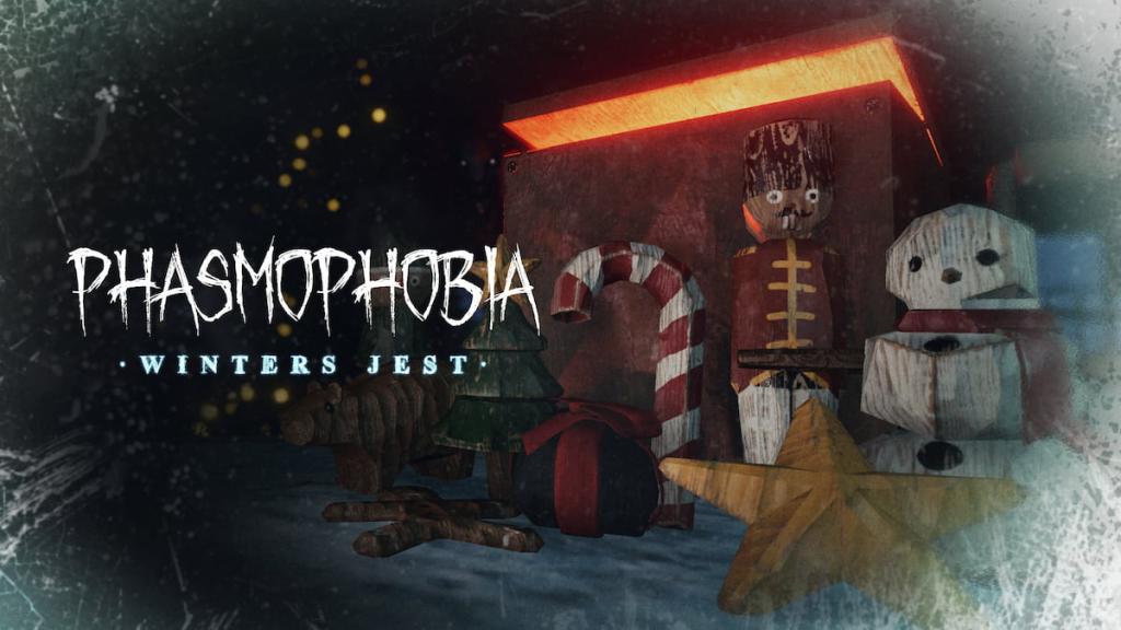 A snowman, candycane, and nutcracker next to the winter's jest event title and phasmophobia logo