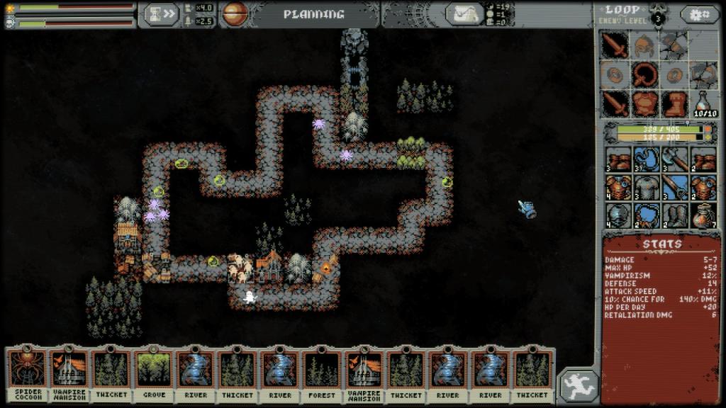The map in Loop Hero showing the player character walking along the looped path.