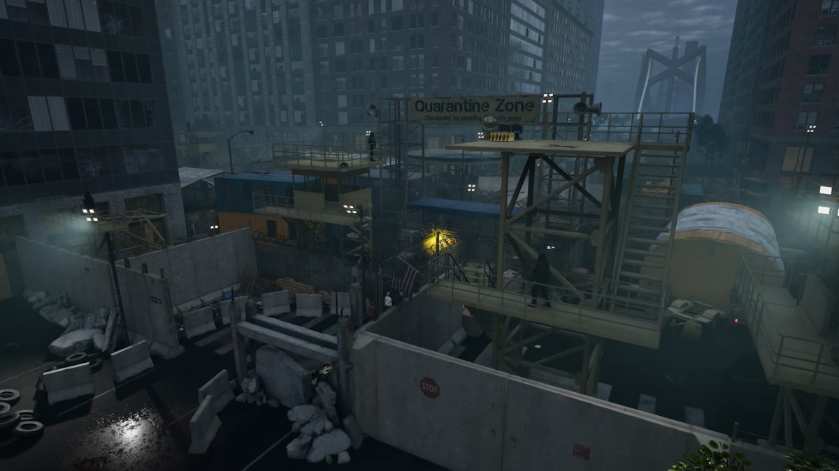 Checkpoint Alpha establishing shot with armed men and survivors inside the Block