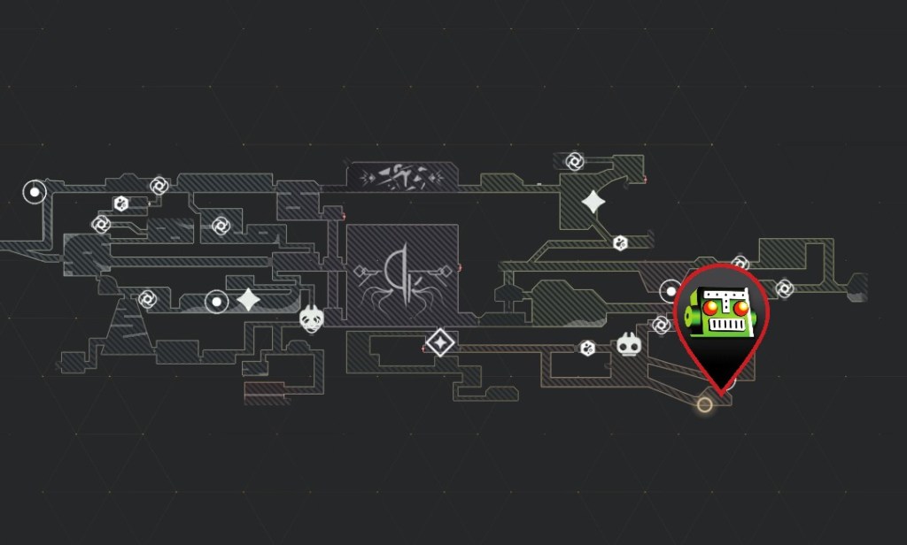 A gray map in Mio Memories in Orbit with a pin marker showing the exact location of the Aviaries Passepartout