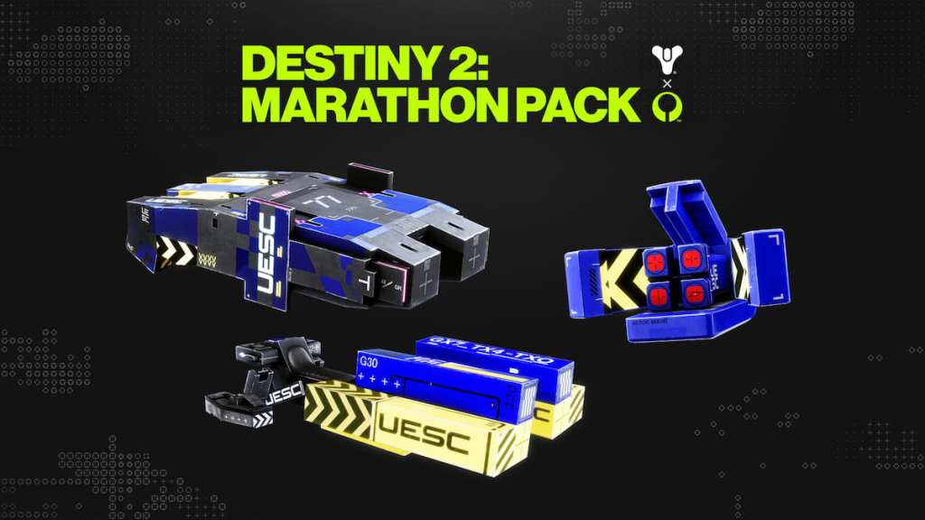 The Destiny 2: Marathon Pack cosmetics, which include the UESC Echo-type Shell Exotic Ghost, UESC Rover Exotic Ship, and  UESC Sprinter Exotic Sparrow.