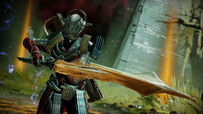 A Titan clad in Vow of the Disciple armor holds Lubrae's Ruin in the Disciple's Bog
