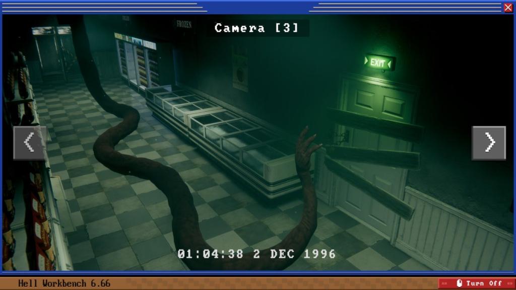 The long arm of the monster reaching across the store floor to pull the nailed-down wooden plank off a door