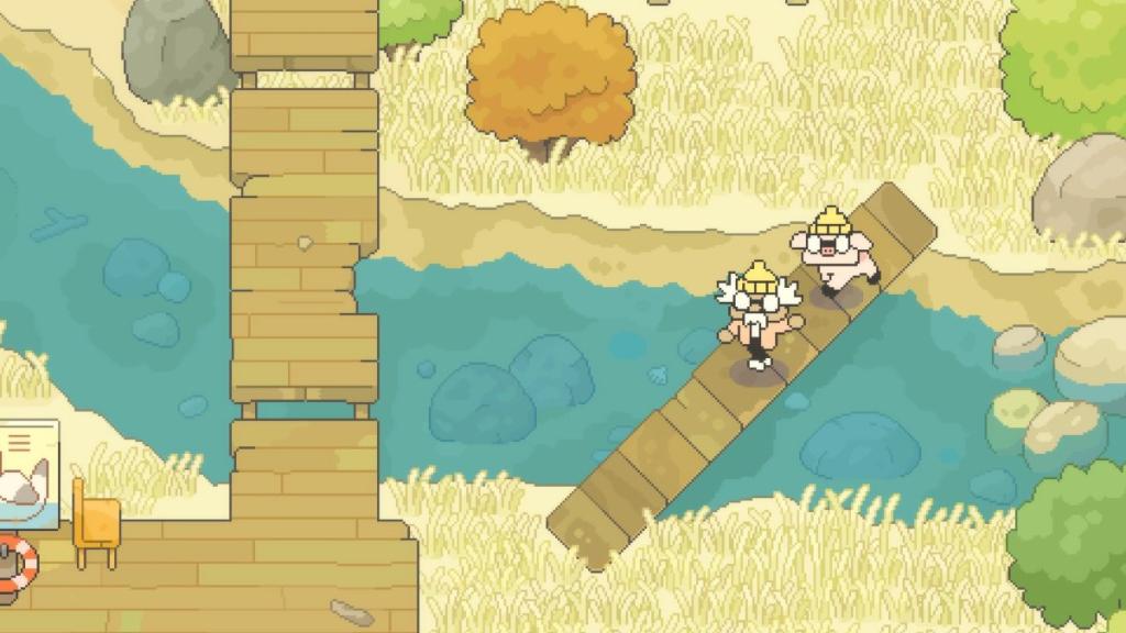 Hermit balancing on a wooden plank across a stream with broken bridge pictured above