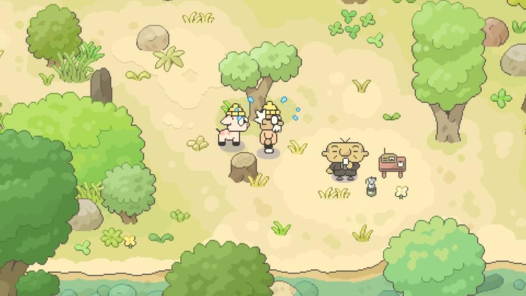 Hermit sweating as he approaches the Mystery Man near the stream