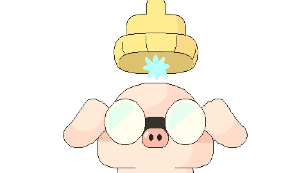 Blue fungi explosion of knowledge between Pig's head and his yellow hat