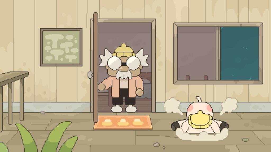 Hermit opening the door as Pig jumps out of a window