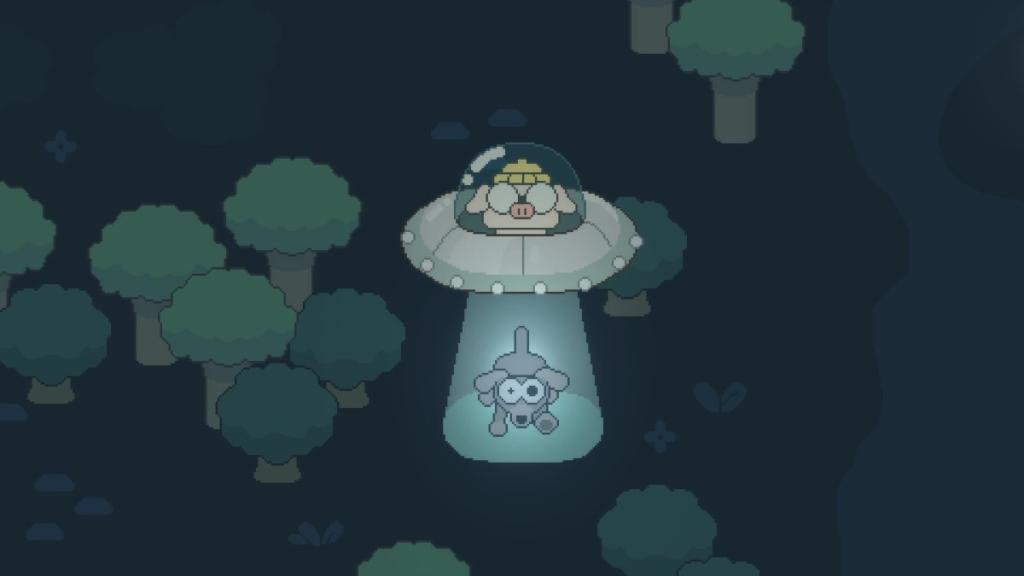 Pig in a UFO abducting a dog in the middle of a forest