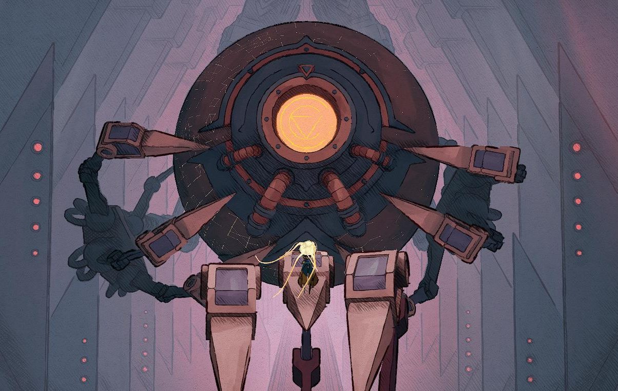 Mio, a small robot with flowing golden locks, stands in front of a giant maroon orb with an orange center.