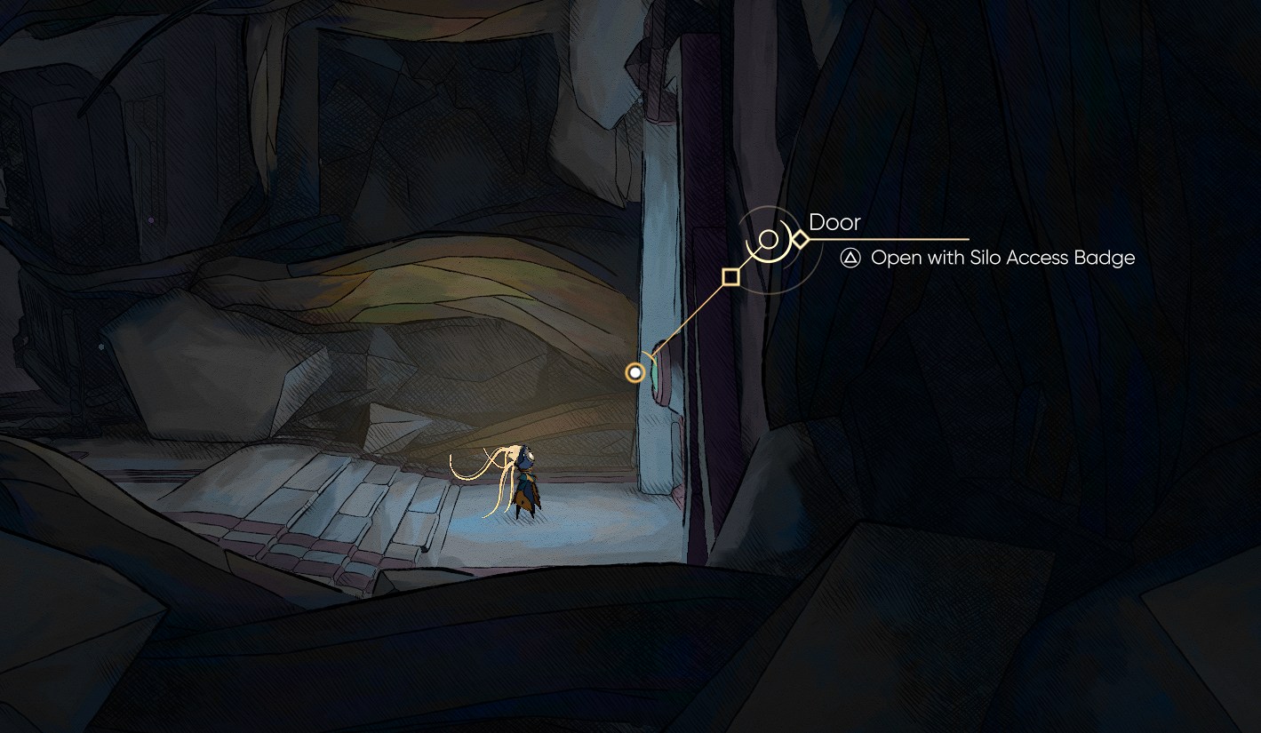 A small robot with long blonde hair looks at a locked door in a dark hallway. Text shows that the door can be opened with the Silo Access Badge.