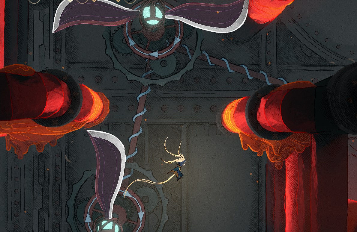 Mio, a dark robot with long blonde hair, falls in a tunnel with red hot pipes and fan blades of steel.