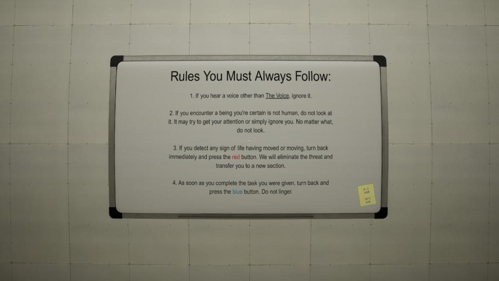 The rules on the main menu and in-game white room for Obey the Voice
