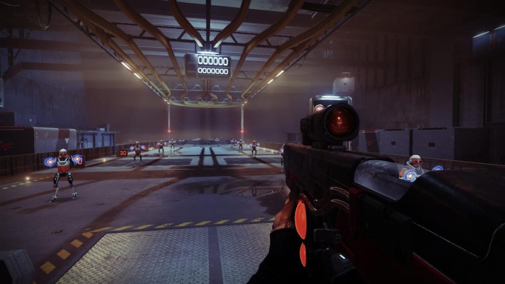 A guardian in the Firing Range holds an Oxygen SR3 scout rifle in Destiny 2.