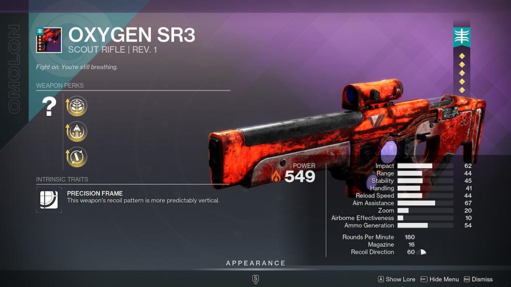 An Oxygen SR3 with the tier five ornament as seen in collections. It has no perks.
