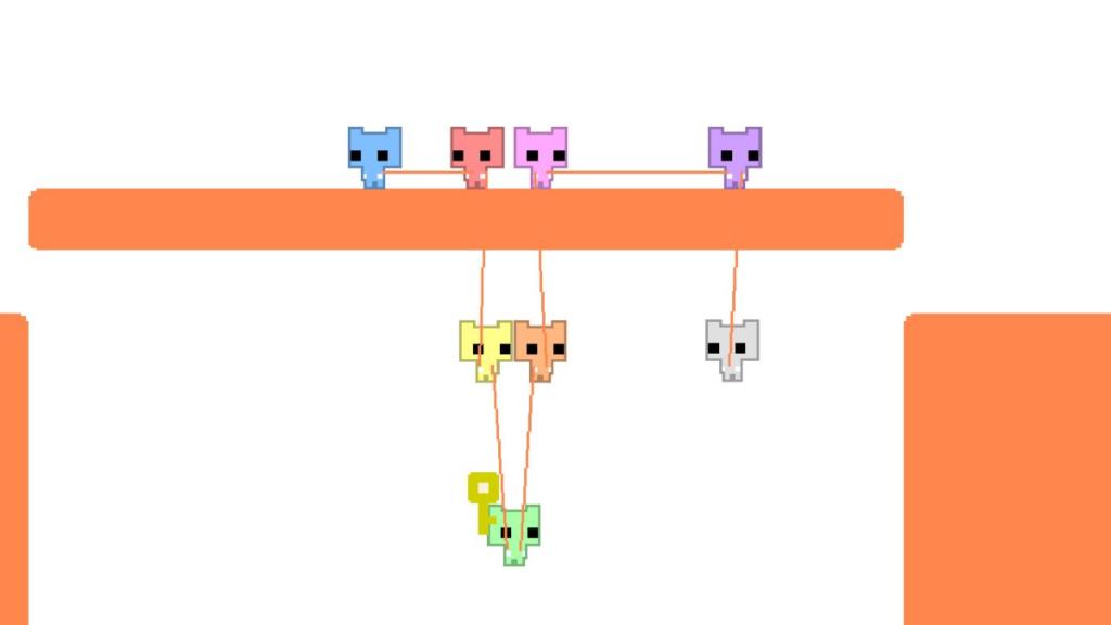 PICO PARK characters dangling off edge, joined together by a chain