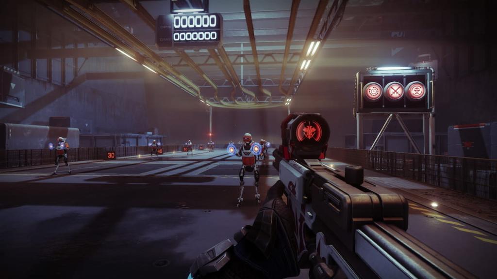 A guardian holds the Peculiar Charm SMG in the Firing Range. It has a unique scope with the Crucible logo.
