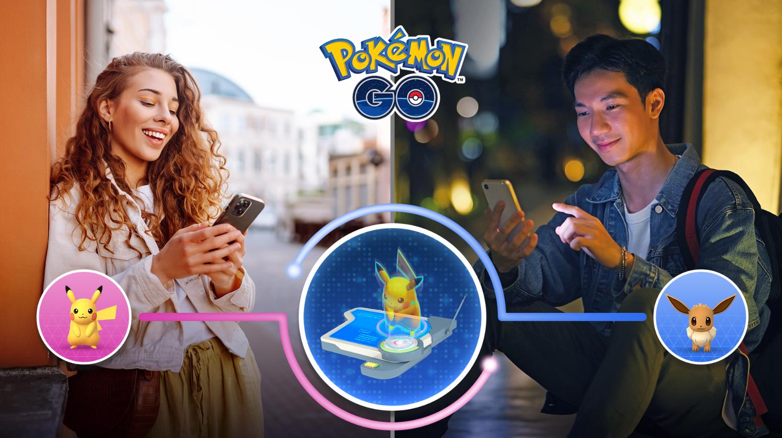 A man and a woman look at their phones while graphics for Pokemon trades lie below.