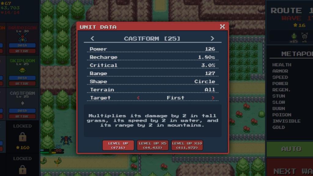 The route 1-1 map in PokePath Tower Defence.