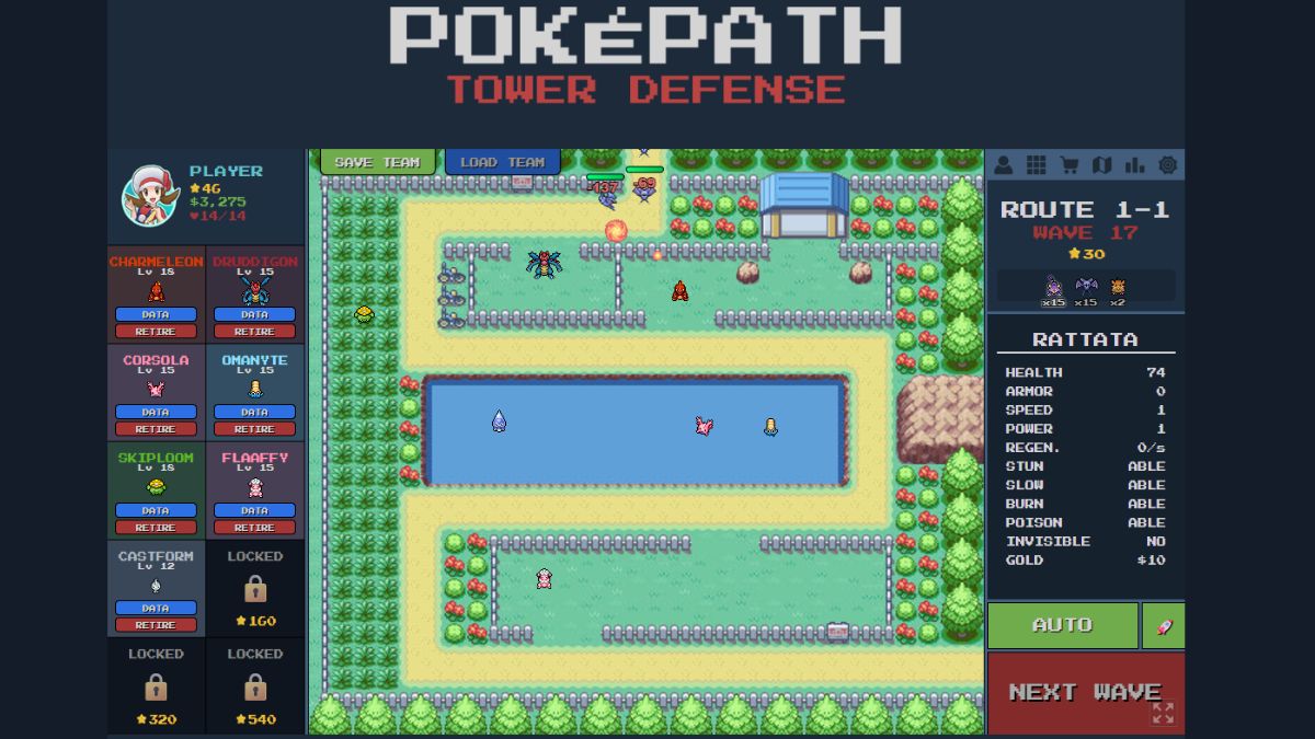 The route 1-1 map in PokePath Tower Defence.