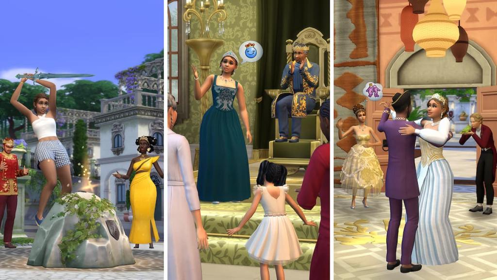 Sim pulling sword out of stone, sims holding court, and sims dancing in sims 4 royalty & legacy 