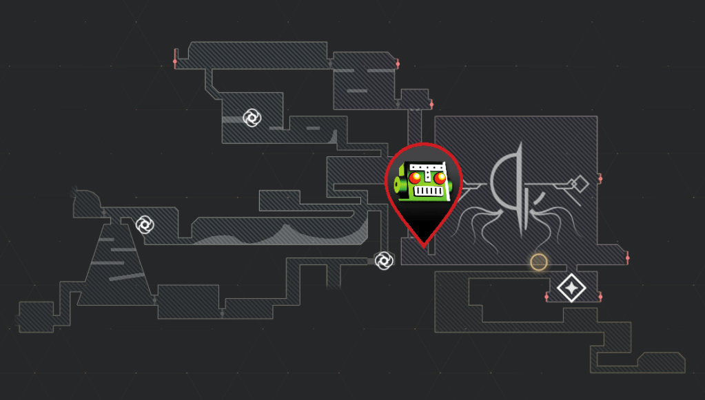 A grey map of Mio: Memories in Orbit showing the location of the Silo Access Badge with a red-lined Destructoid logo