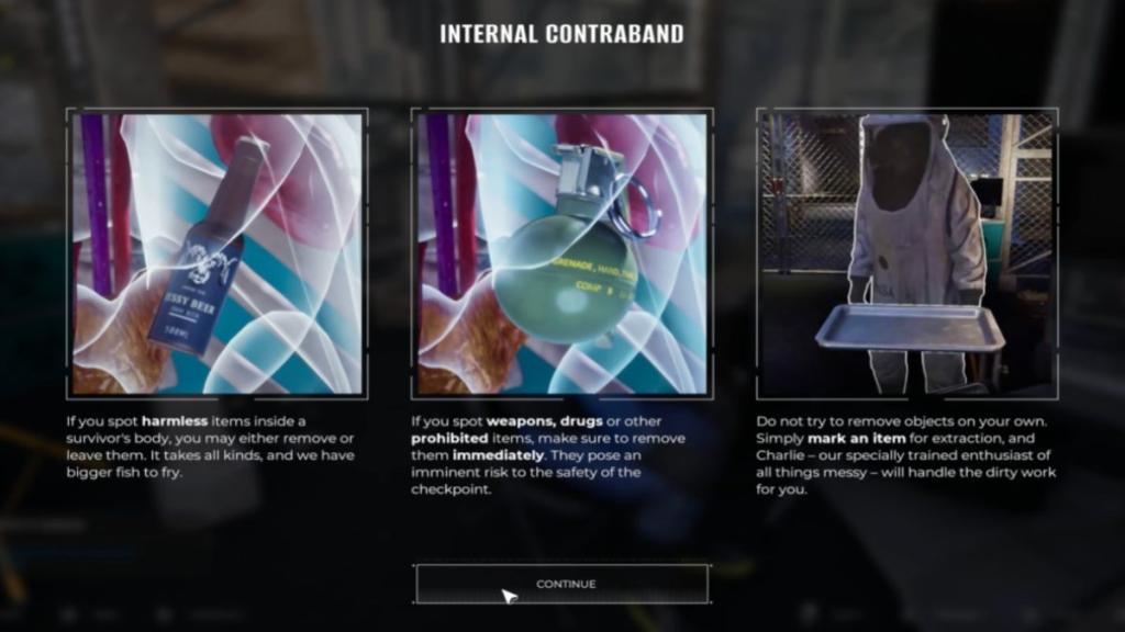 The Internal Contraband intro tutorial menu in The Last Check