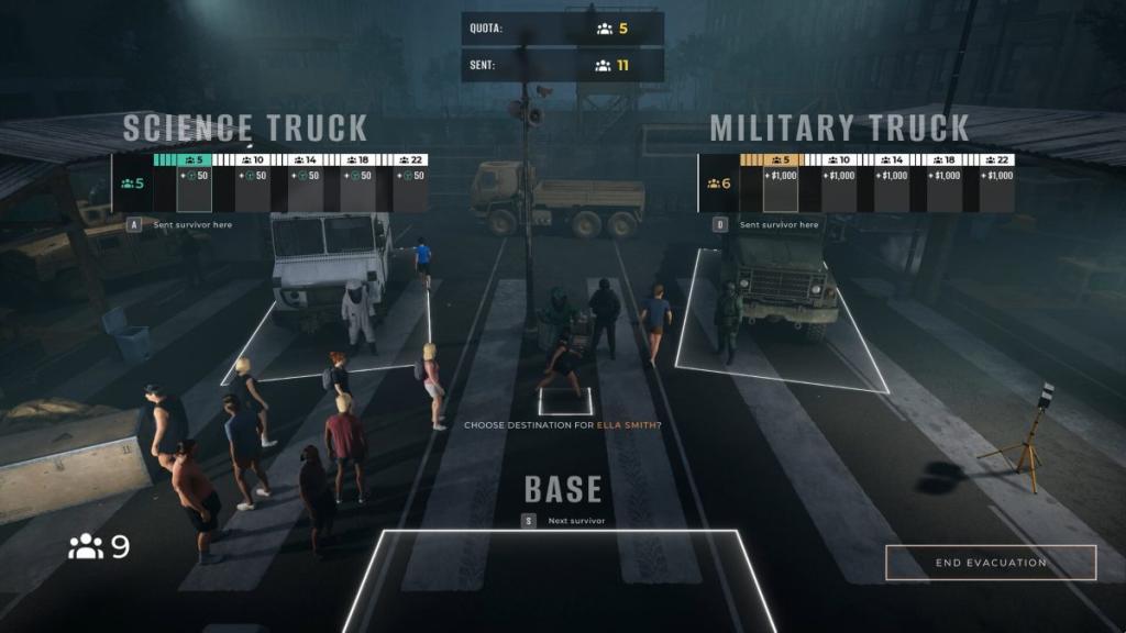 Survivor evacuation with people lining up, waiting to go to either science truck or military truck