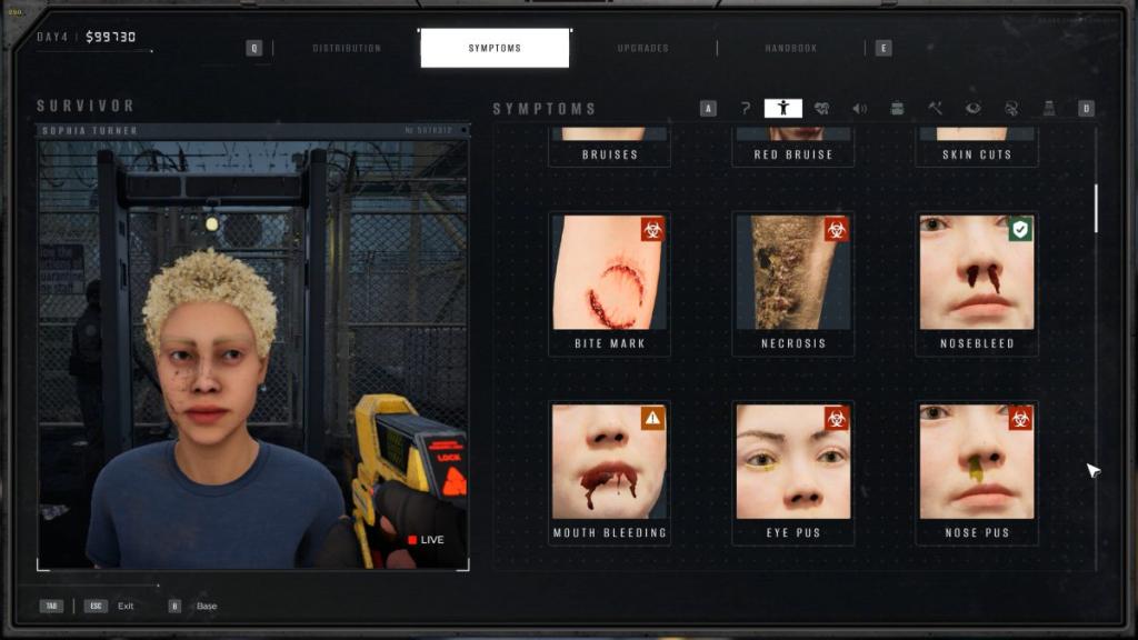 Symptoms menu in The Last Check with eyes, bite marks, and bloodied face as signs of infection