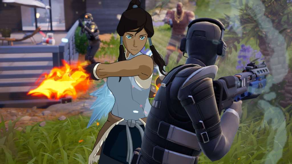 Korra fighting a henchman with fire and ice pickaxe on hands in fortnite