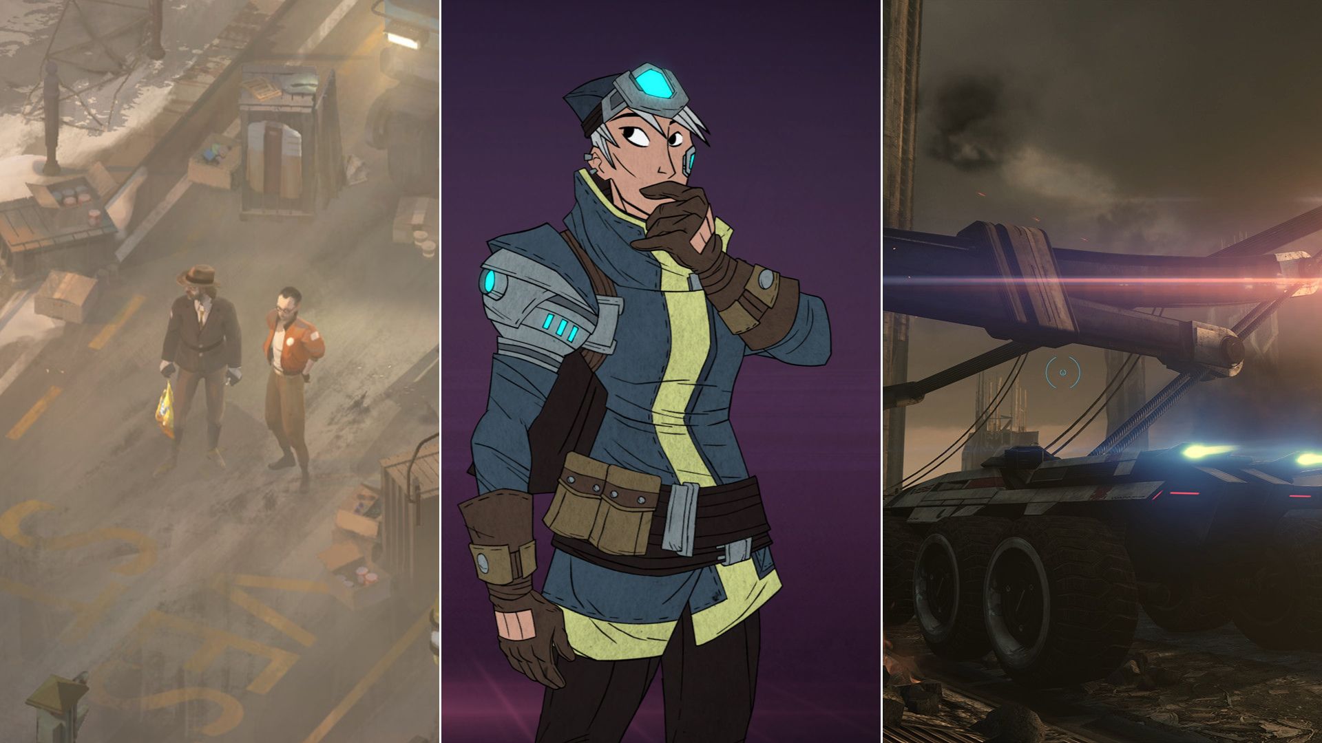 Screenshots of Disco Elysium, Griftlands, and Mass Effect, side by side.