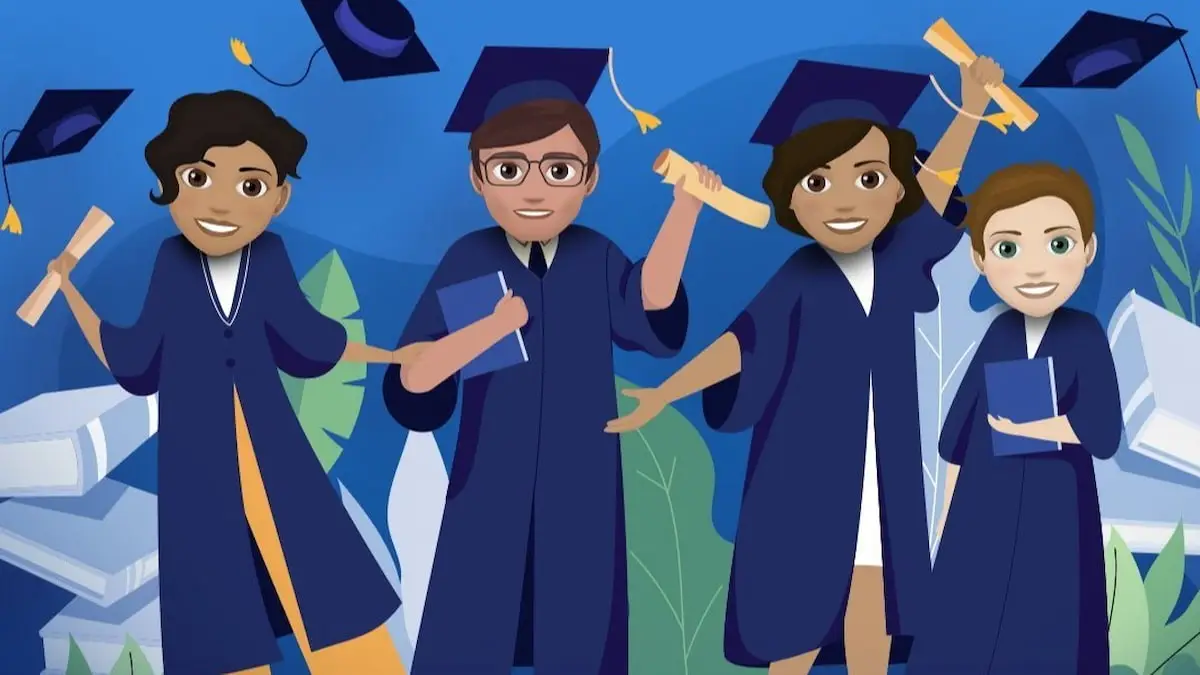 Four characters graduating and holding diplomas in bitlife