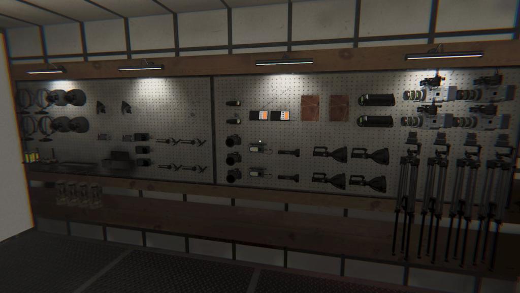 Challenge equipment hung on the wall in Phasmophobia.