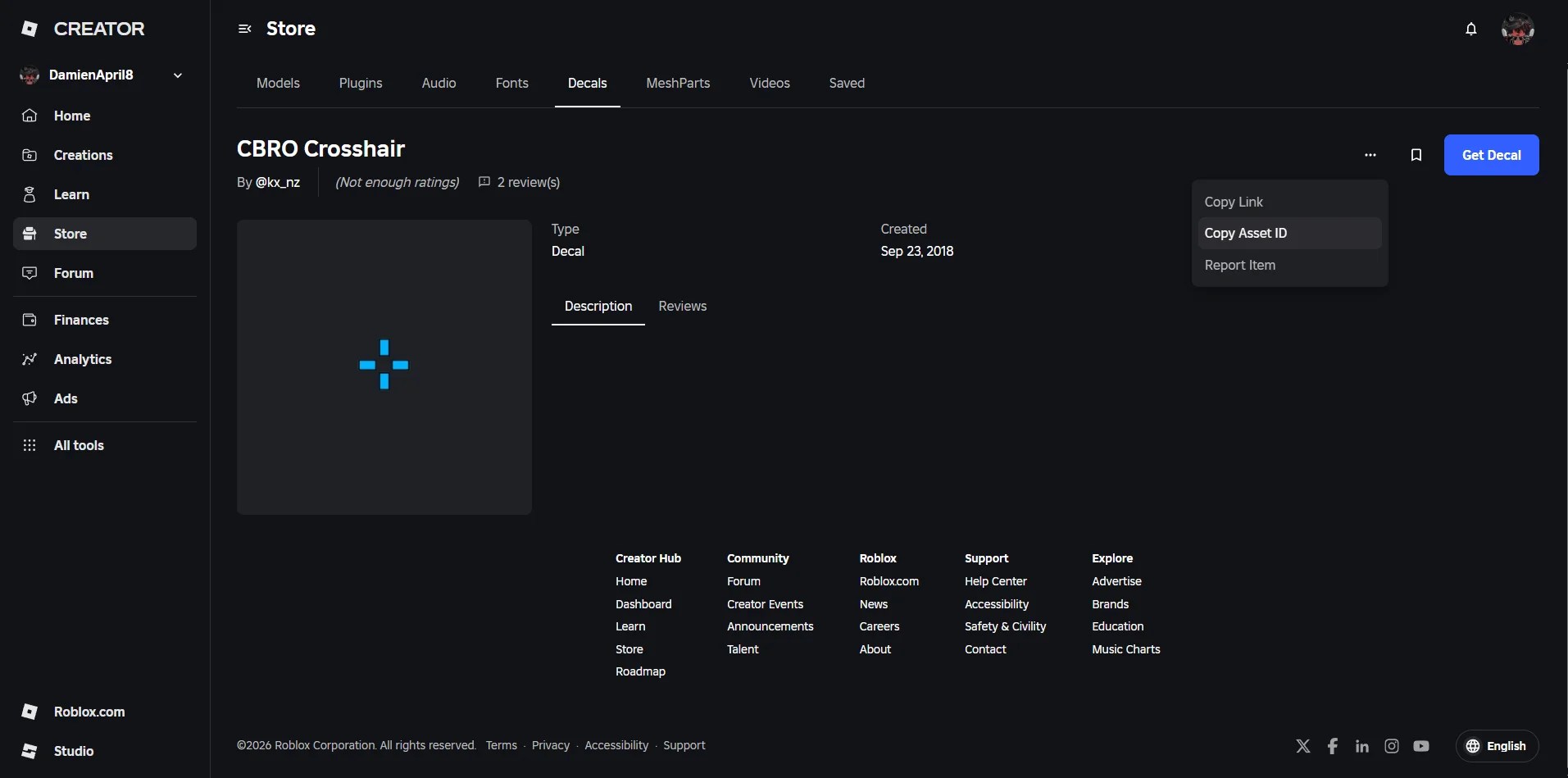 Preview of a individual decal image page on the Roblox store where one can copy its ID and use it as a custom crosshair in BloxStrike Roblox experience.