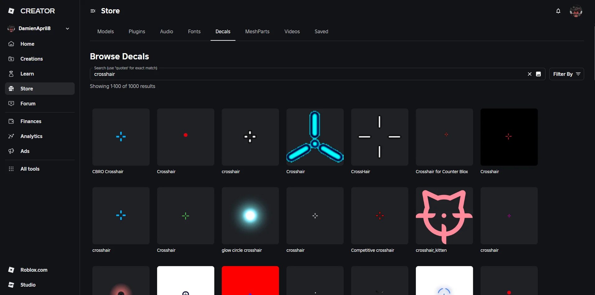 Preview of the Roblox store search page for the "crosshair" querry.