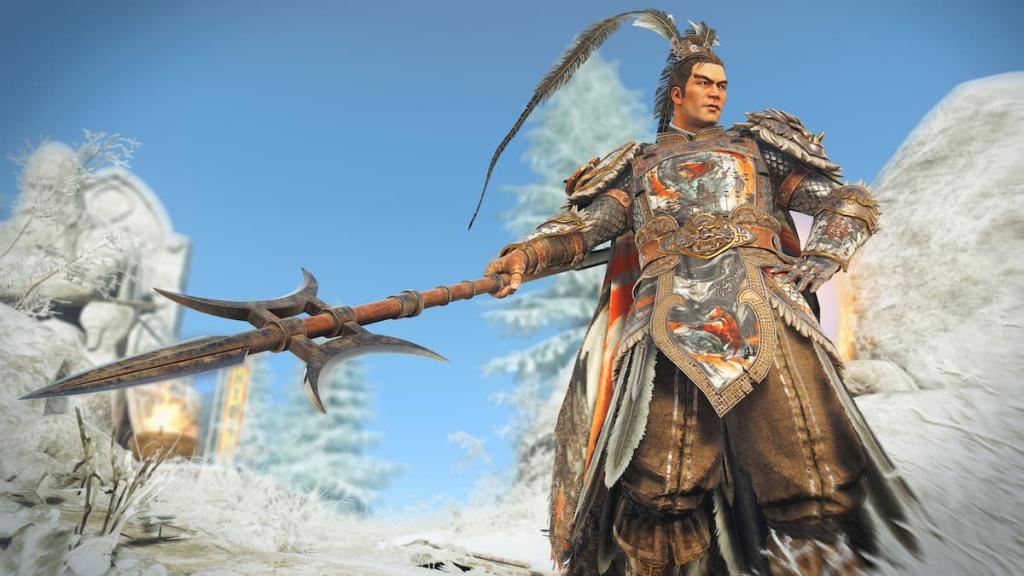 Juren standing proud in a snowy forest in For Honor. 