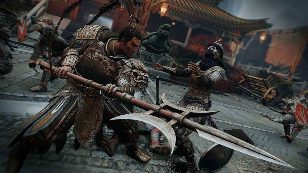 Juren slashing the throat of an enemy in For Honor. 