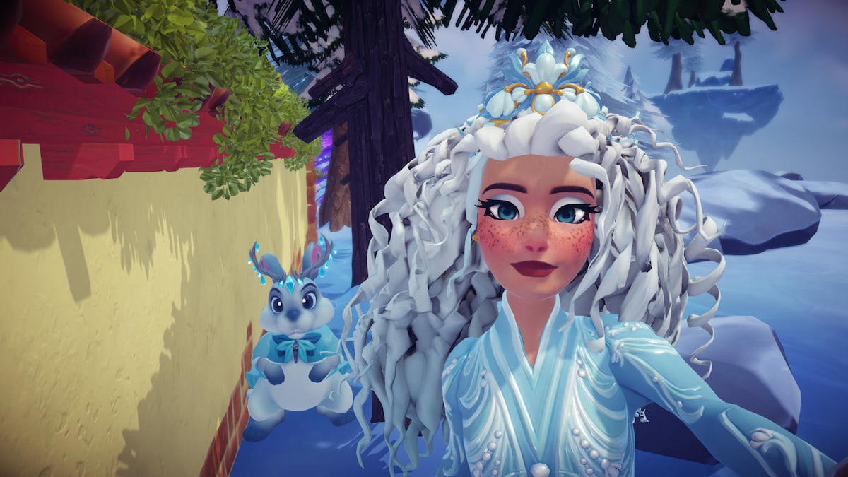 Taking picture with frosty rabbit standing up in disney dreamlight valley