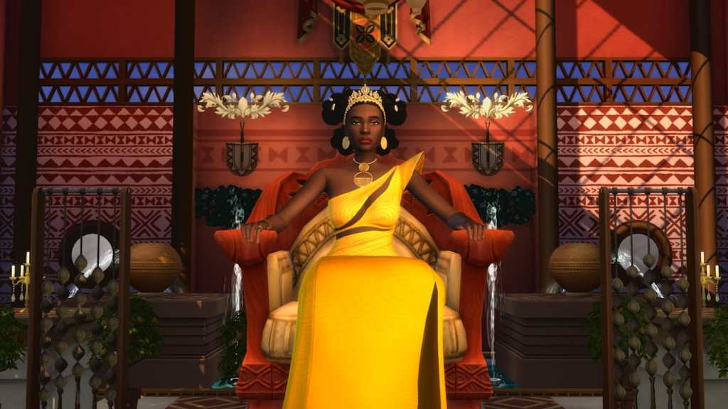 Sim in yellow dress sitting on throne in the sims 4 royalty & legacy